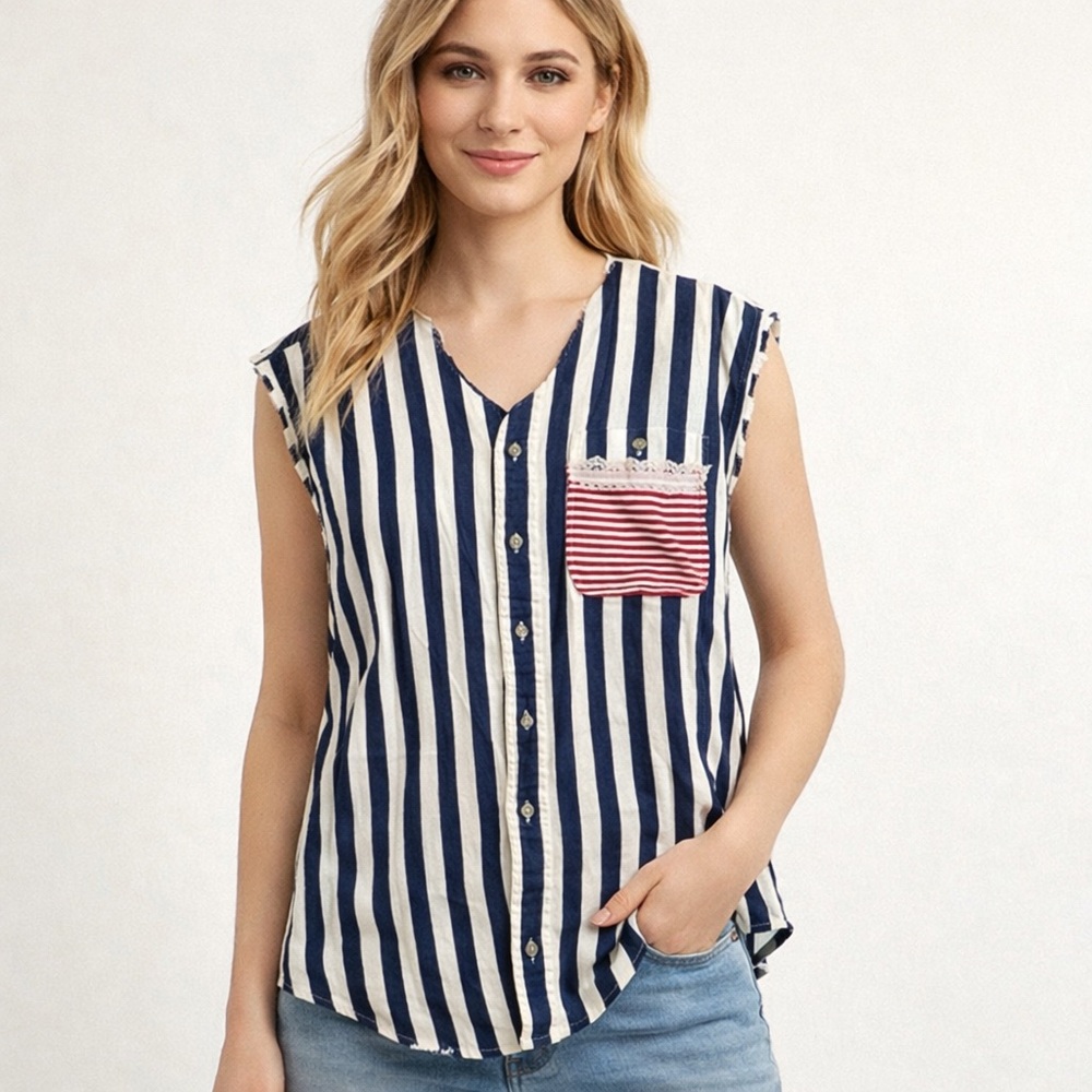 Haggar Clothing cut off Sleevless Stripe Button down (medium/large)‎